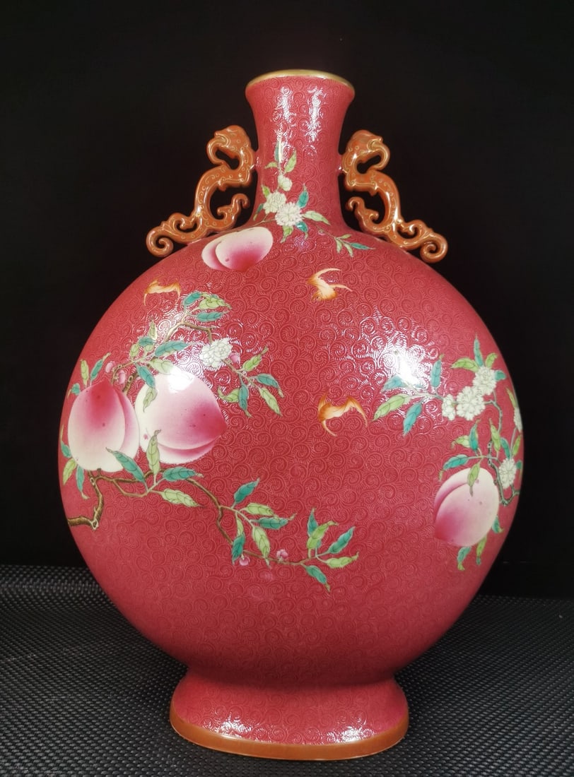 A Exquisite Ruby Red-Glazed Bats and Peach Pattern Vase - 6
