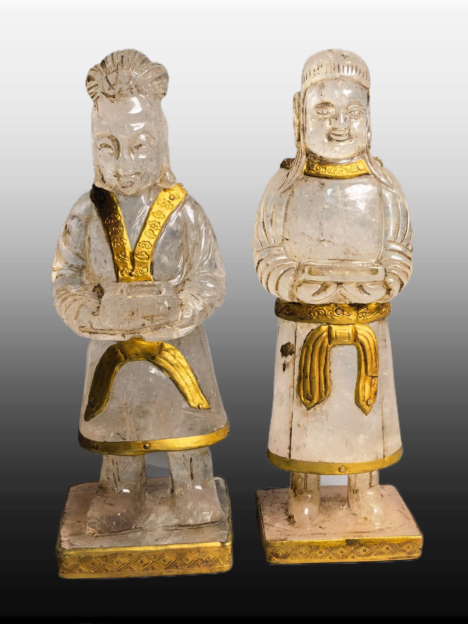 A pair of Exquisite Crystal Gilt Figures Ornament: A pair of Exquisite Crystal Gilt Figures Ornament,Qing Dynasty, China,Size:3.5inx3.1inx9.8in,Weight:1635g