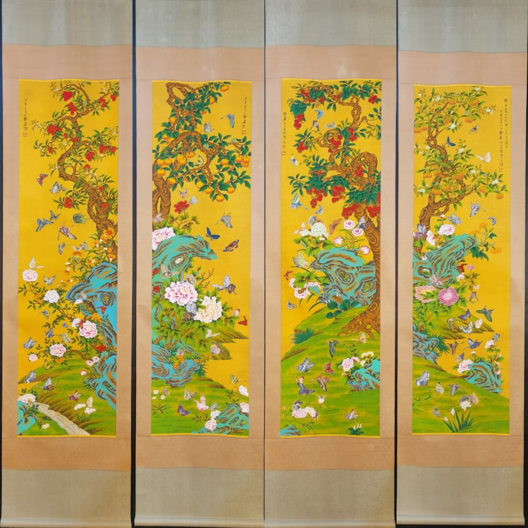A Set of Chinese Vertical Scroll Ink Paintings of Flowers on Silk: A Set of Chinese Vertical Scroll Ink Paintings of Flowers on Silk,Modern Time of China,Zhang Daqian,without frame size:64.2inx18.1in