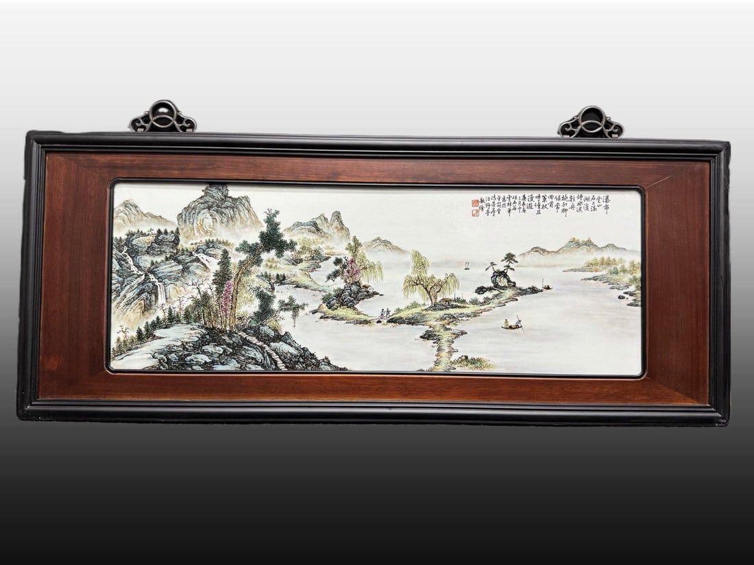 A Exquisite Famille-Rose Landscape Pattern Porcelain Plate: A Exquisite Famille-Rose Landscape Pattern Porcelain Plate,Republic of China,Size:15.7inx39in 粉彩山水纹瓷板画,民国