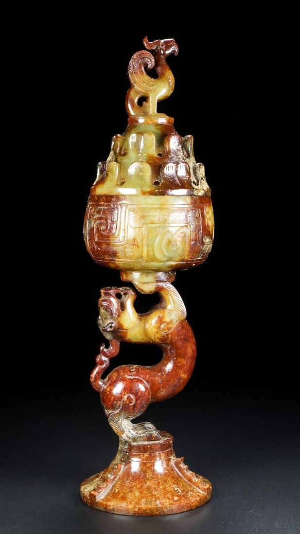 A Exquisite Hotan Jade Dragon and Phoenix Censer: A Exquisite Hotan Jade Dragon and Phoenix Censer,Han Dynasty, China,Size:3.5inx3.5inx12.6in,Weight:2240g 和田玉龙凤炉,中国汉代