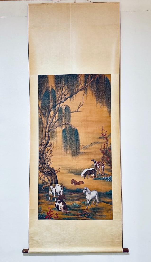 A Chinese Vertical Scroll Ink Painting of Horse on Silk: A Chinese Vertical Scroll Ink Painting of Horse on Silk,Qing Dynasty, China,Giuseppe Castiglione,without frame size:50.4inx26.4in
