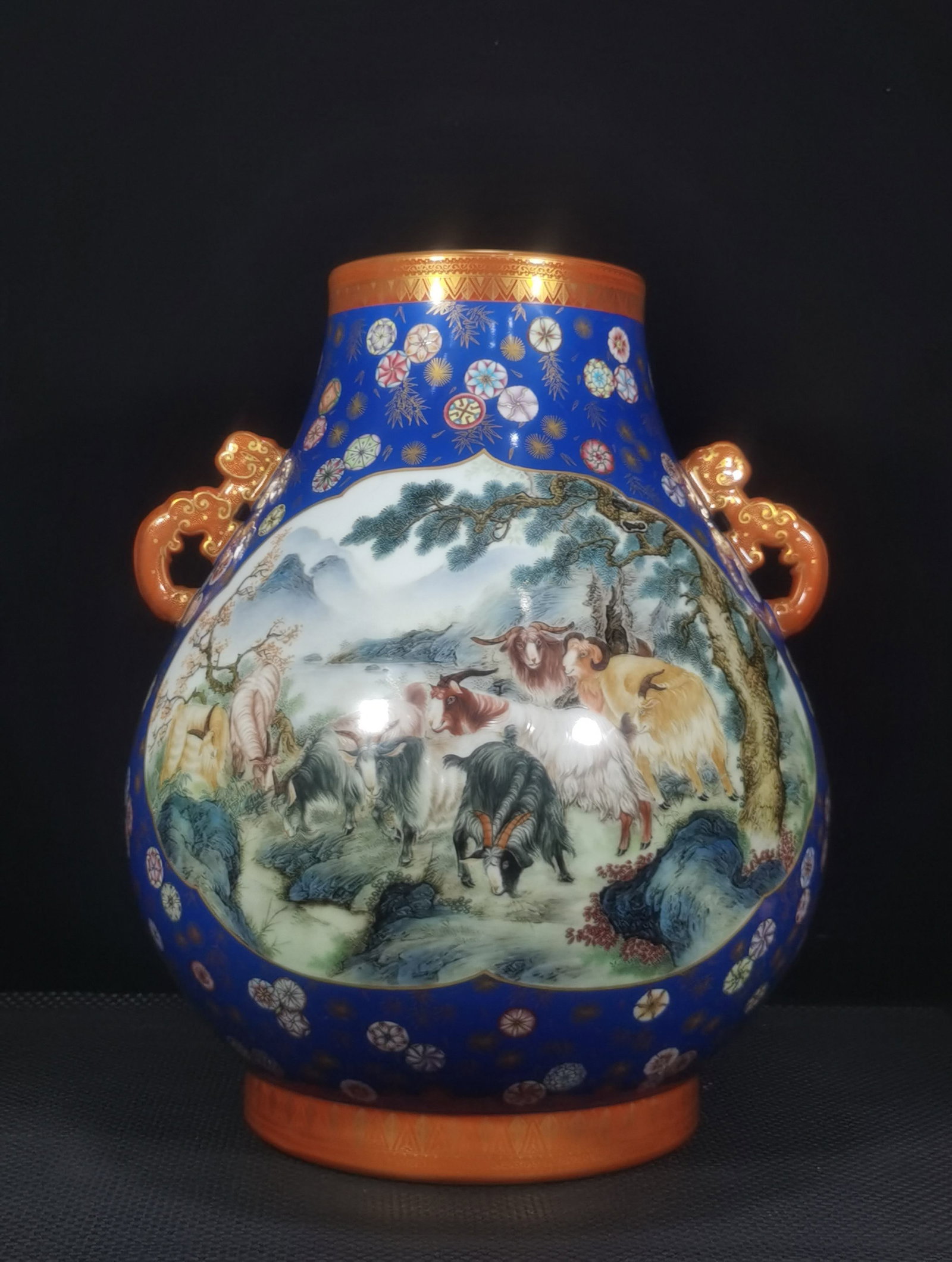 A Exquisite Enamel Gem Blue Glazed Sheep Pattern Vase: A Exquisite Enamel Gem Blue Glazed Sheep Pattern Vase,Qing Dynasty, China,Qianlong Six-character Mark,Size:18.1inx15inx6.5inx9.4in 珐琅彩宝石蓝釉羊ń