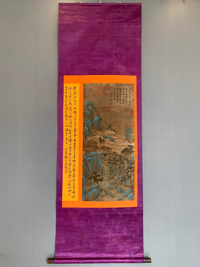 A Chinese Vertical Scroll Ink Painting of Landscape on Silk: A Chinese Vertical Scroll Ink Painting of Landscape on Silk,Five Dynasties,Jing Hao,without frame size:23.6inx37.4in 一幅中国水墨绢本山水