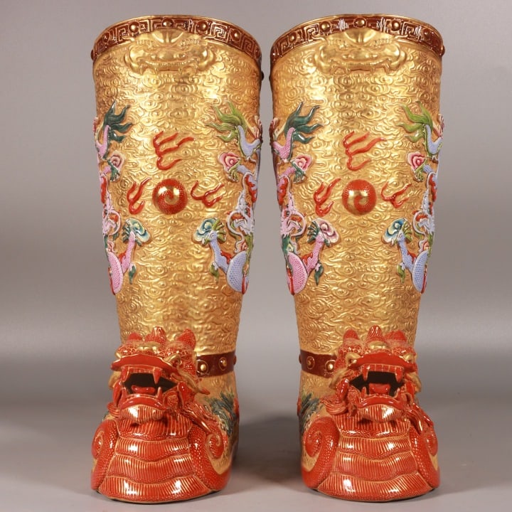 A pair of Exquisite Enamel Gold Ground Dragon Pattern Boots: A pair of Exquisite Enamel Gold Ground Dragon Pattern Boots,Qing Dynasty, China,Qianlong Six-character Mark,Size:12.3inx7.9in 一对珐琅彩金地龙纹&#