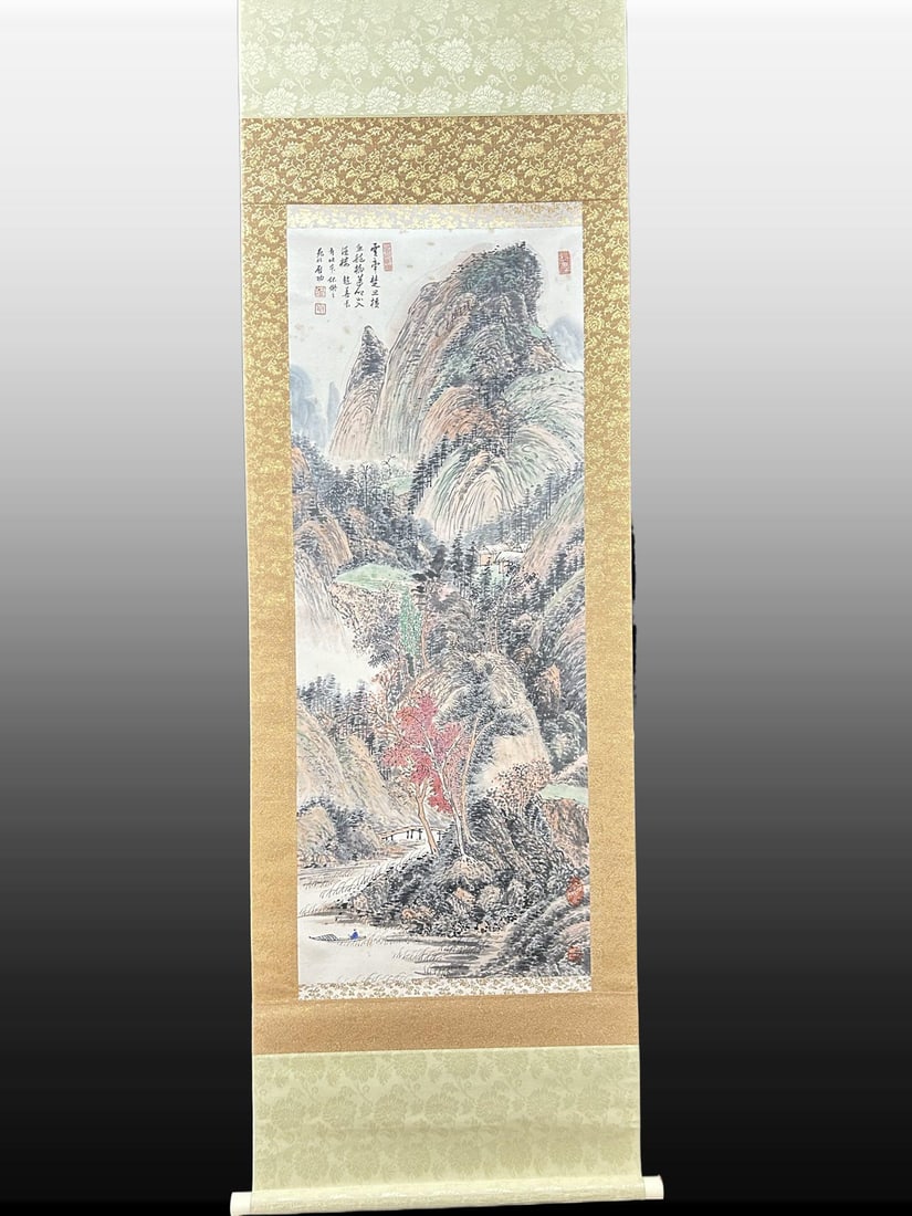 A Chinese Vertical Scroll Ink Painting of Landscape on Paper: A Chinese Vertical Scroll Ink Painting of Landscape on Paper,Modern Time of China,Qi Gong,without frame size:40.6inx16.1in