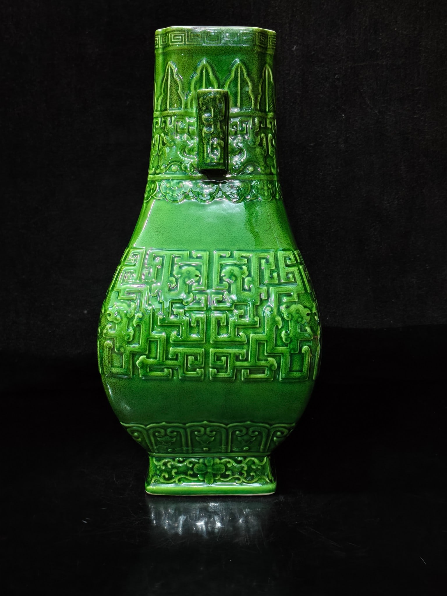 A Exquisite Green Glazed Dragon Pattern Double-Ears Vase - 2