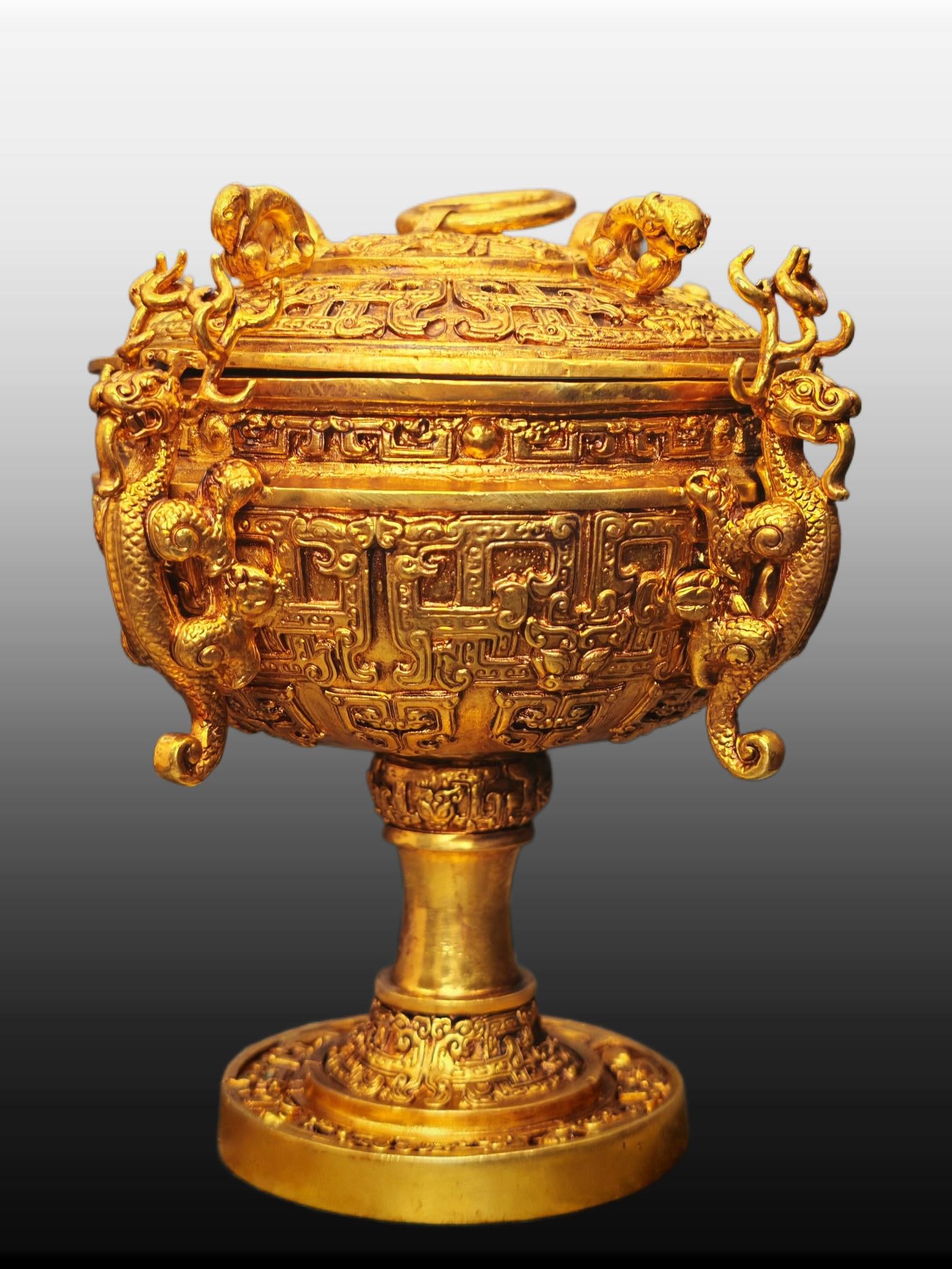 A Exquisite Gilt Bronze Dragon-Ears Censer: A Exquisite Gilt Bronze Dragon-Ears Censer,Qing Dynasty, China,Qianlong Four-character Mark,Size:5.4inx3.9in
