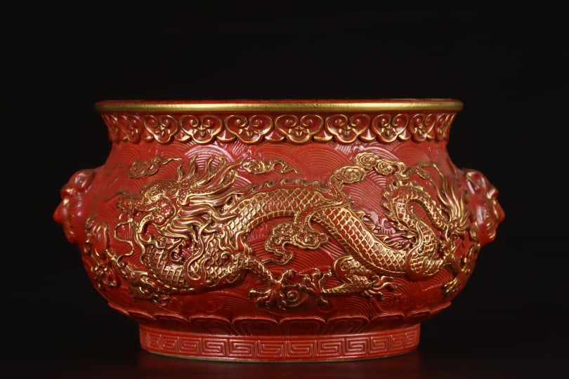 A Exquisite Coral Red Glazed Dragon Pattern Censer: A Exquisite Coral Red Glazed Dragon Pattern Censer,Qing Dynasty, China,Qianlong Six-character Mark,Size:3.6inx6.6in