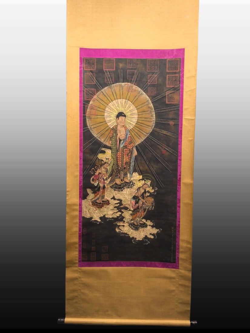 A Chinese Vertical Scroll Ink Painting of Buddha Statues on Silk: A Chinese Vertical Scroll Ink Painting of Buddha Statues on Silk,Tang Dynasty, China,Wu Daozi,without frame size:26inx5.7in