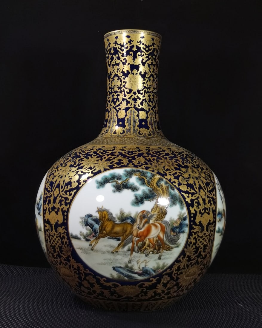 A Exquisite Ji Blue Glazed Painted Gold Horse Pattern Vase: A Exquisite Ji Blue Glazed Painted Gold Horse Pattern Vase,Qing Dynasty, China,Qianlong Six-character Mark,Size:22.8inx13.4in
