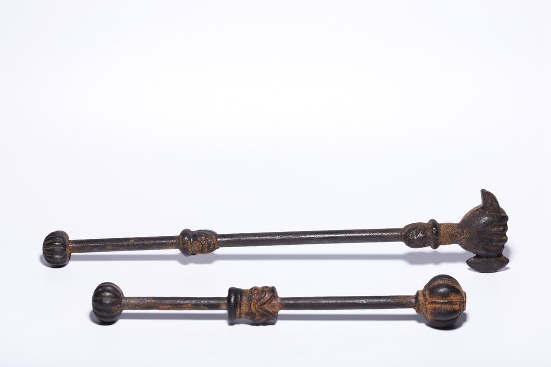 A pair of Exquisite Iron Religious Implement: A pair of Exquisite Iron Religious Implement,Qing Dynasty, China,Size:17.3inx3.3in,Weight:1730g 一对铁法器,中国清代