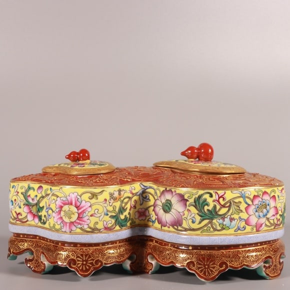 A Exquisite Enamel Yellow Ground Lotus Pattern Gourd-Shaped Brush Washer: A Exquisite Enamel Yellow Ground Lotus Pattern Gourd-Shaped Brush Washer,Qing Dynasty, China,Qianlong Six-character Mark,Size:3.7inx7.7inx5.1in 珐琅彩黄地缠枝