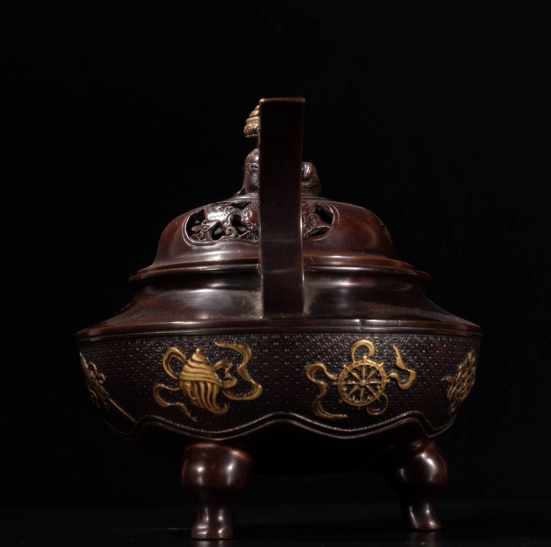 A Exquisite Red Copper Eight Treasures Pattern Censer - 4