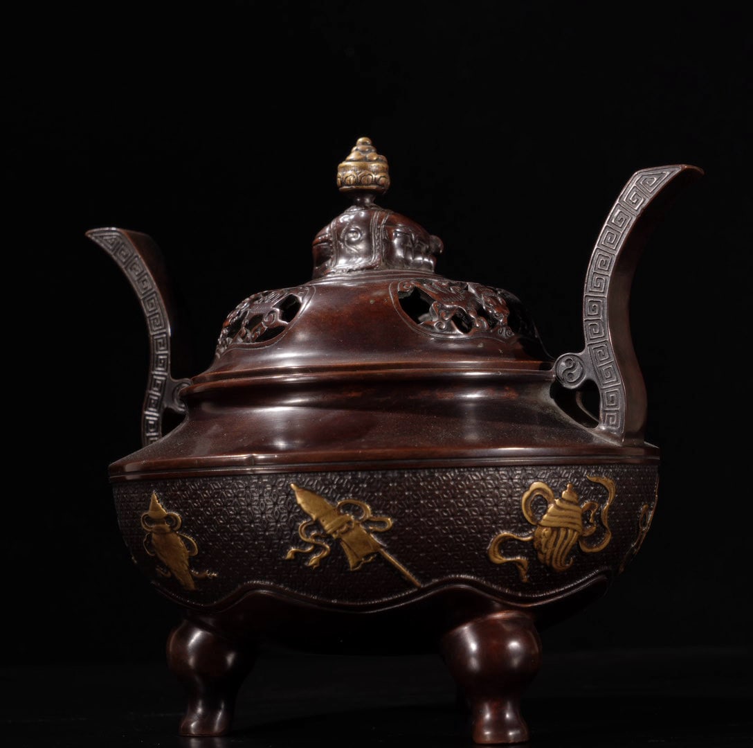 A Exquisite Red Copper Eight Treasures Pattern Censer - 5