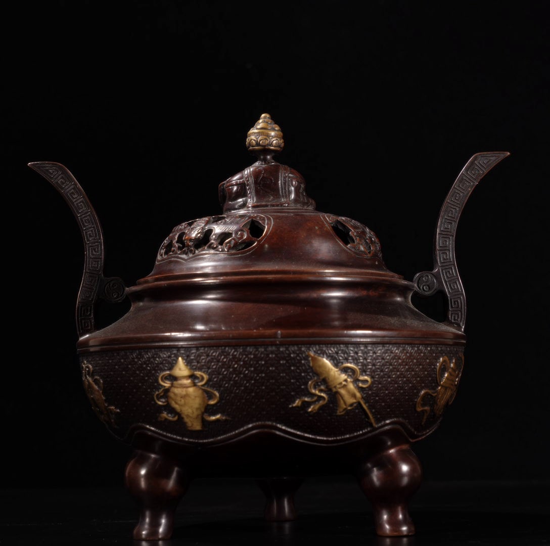 A Exquisite Red Copper Eight Treasures Pattern Censer - 6