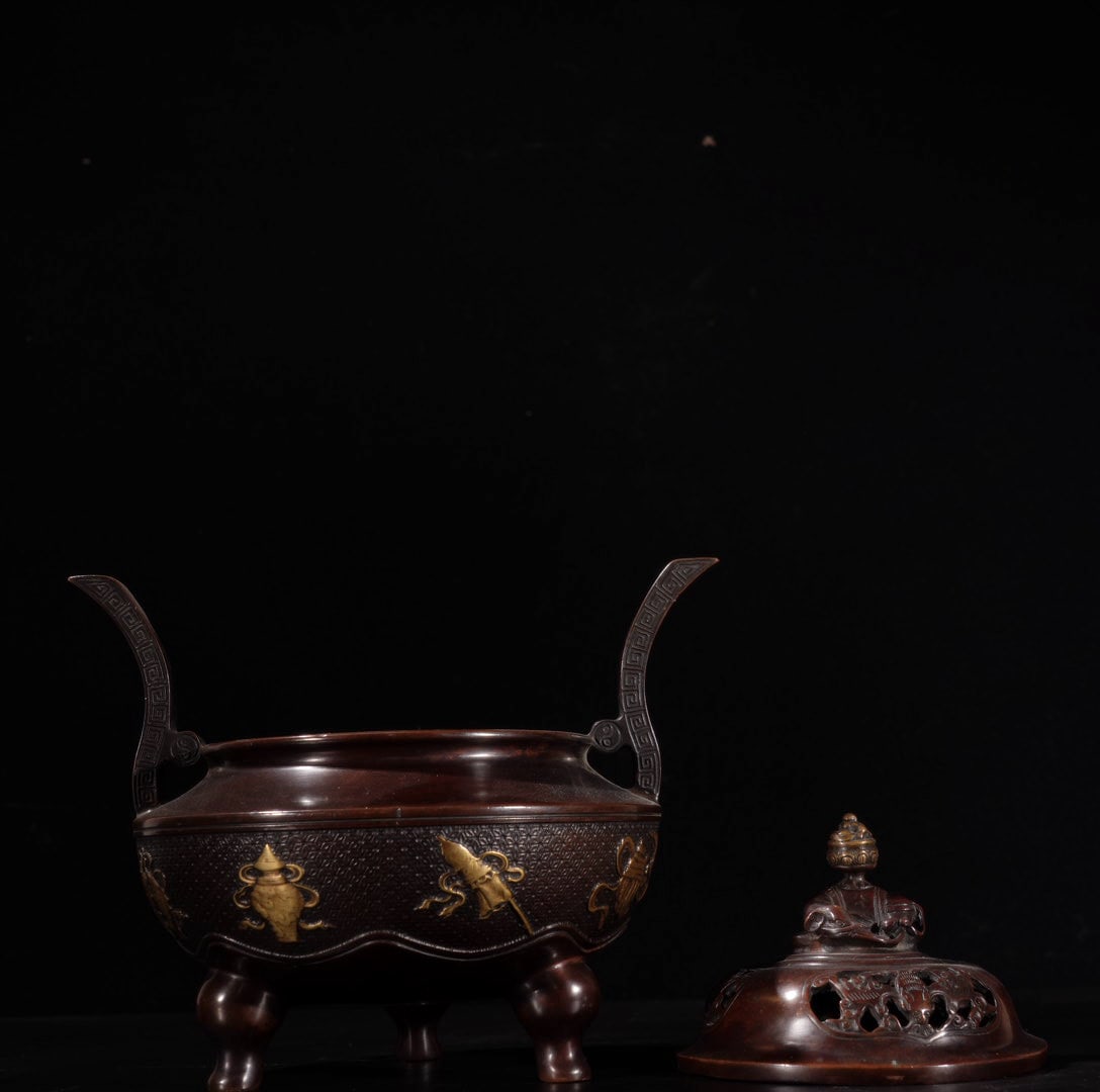 A Exquisite Red Copper Eight Treasures Pattern Censer - 7