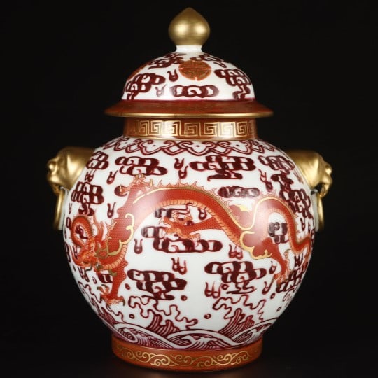 A Exquisite Iron-Red Painted Gold Dragon Pattern Double-Ears Jar: A Exquisite Iron-Red Painted Gold Dragon Pattern Double-Ears Jar,Qing Dynasty, China,Yongzheng Four-character Mark,Size:8.9inx7.4in