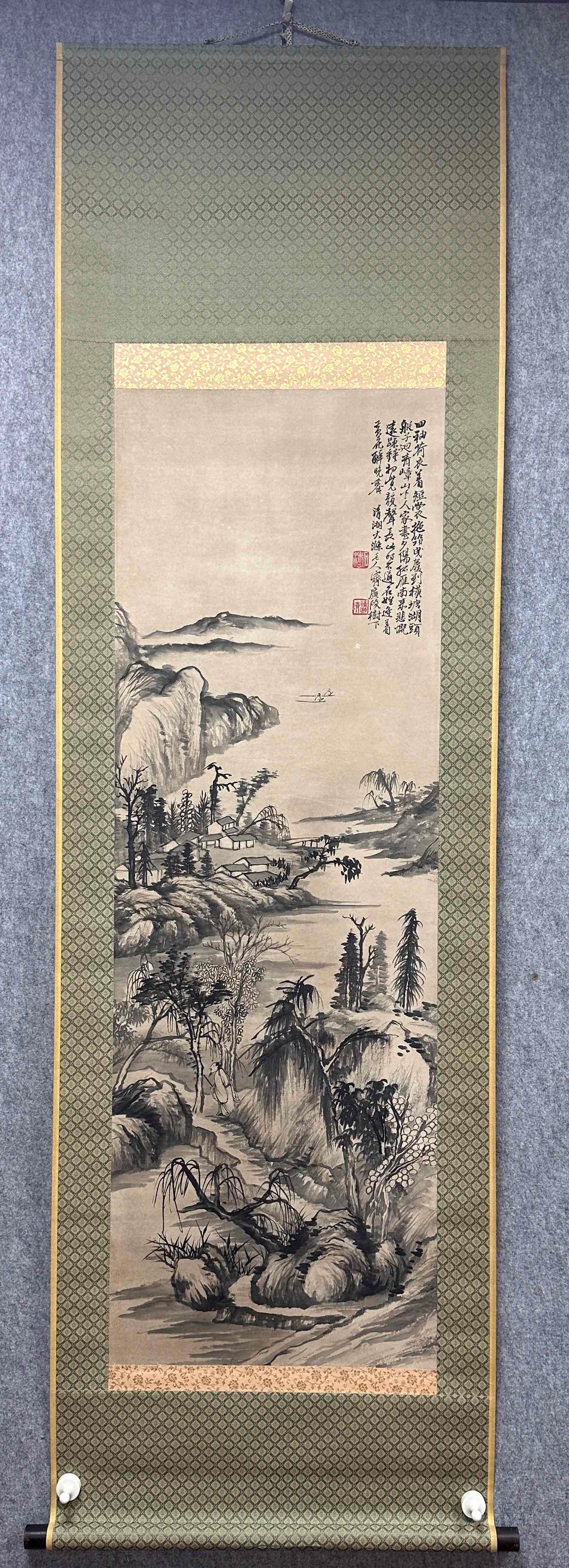 A Chinese Vertical Scroll Ink Painting of Landscape on Paper: A Chinese Vertical Scroll Ink Painting of Landscape on Paper,Qing Dynasty, China,Shi Tao,without frame size:15.7inx47.2in