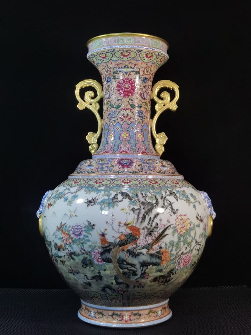 A Exquisite Enamel Flower and Bird Pattern Double-Ears Vase: A Exquisite Enamel Flower and Bird Pattern Double-Ears Vase,Qing Dynasty, China,Qianlong Four-character Mark,Size:26.8inx16.9in 珐琅彩花鸟纹双耳瓶