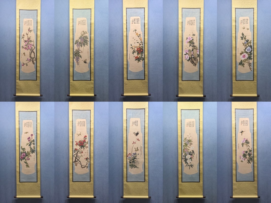 A Set of Chinese Vertical Scroll Ink Paintings of Flowers on Paper: A Set of Chinese Vertical Scroll Ink Paintings of Flowers on Paper,Modern Time of China,Soong May-ling,without frame size:13.2inx54.8in