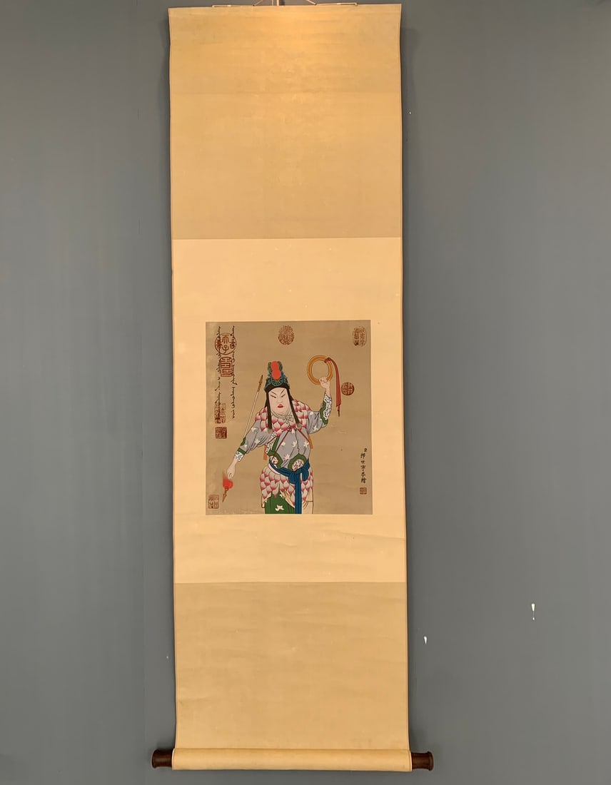 A Chinese Vertical Scroll Ink Painting of Figures on Paper: A Chinese Vertical Scroll Ink Painting of Figures on Paper,Qing Dynasty, China,Giuseppe Castiglione,without frame size:13.8inx17.7in 一幅中国水墨纸本