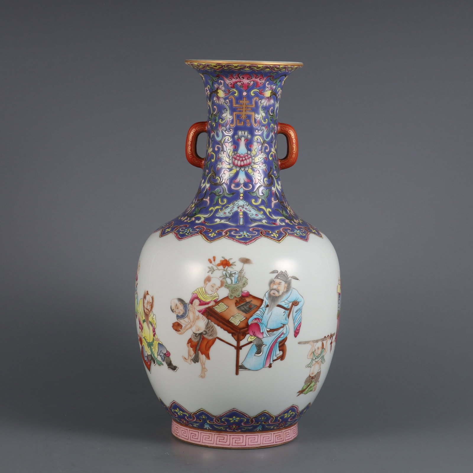 A Exquisite Blue Ground Famille-Rose Figures Pattern Double-Ears Vase: A Exquisite Blue Ground Famille-Rose Figures Pattern Double-Ears Vase,Qing Dynasty, China,Jiaqing Six-character Mark,Size:12.2inx6.3inx3.7in 蓝地粉彩人物纹