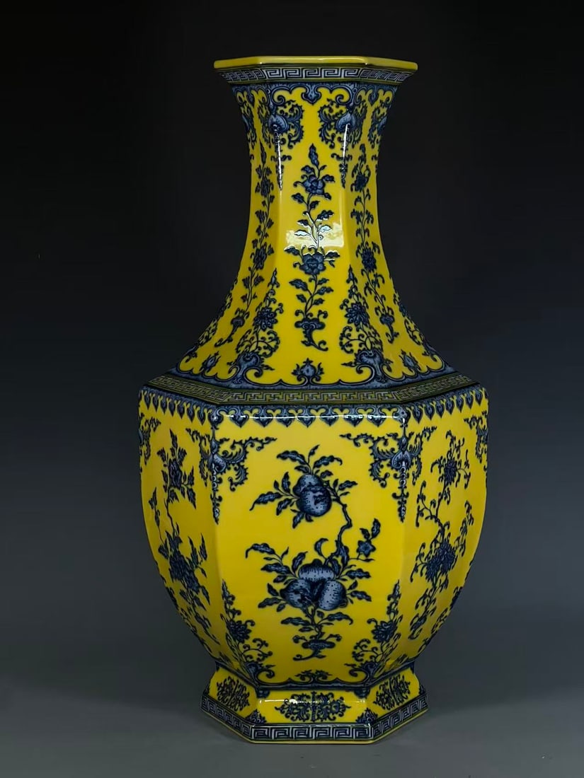 A Exquisite Yellow Glazed Blue and White Flower and Fruit Pattern Vase: A Exquisite Yellow Glazed Blue and White Flower and Fruit Pattern Vase,Qing Dynasty, China,Qianlong Six-character Mark,Size:26.4inx7inx8.2in 黄釉青花花果纹