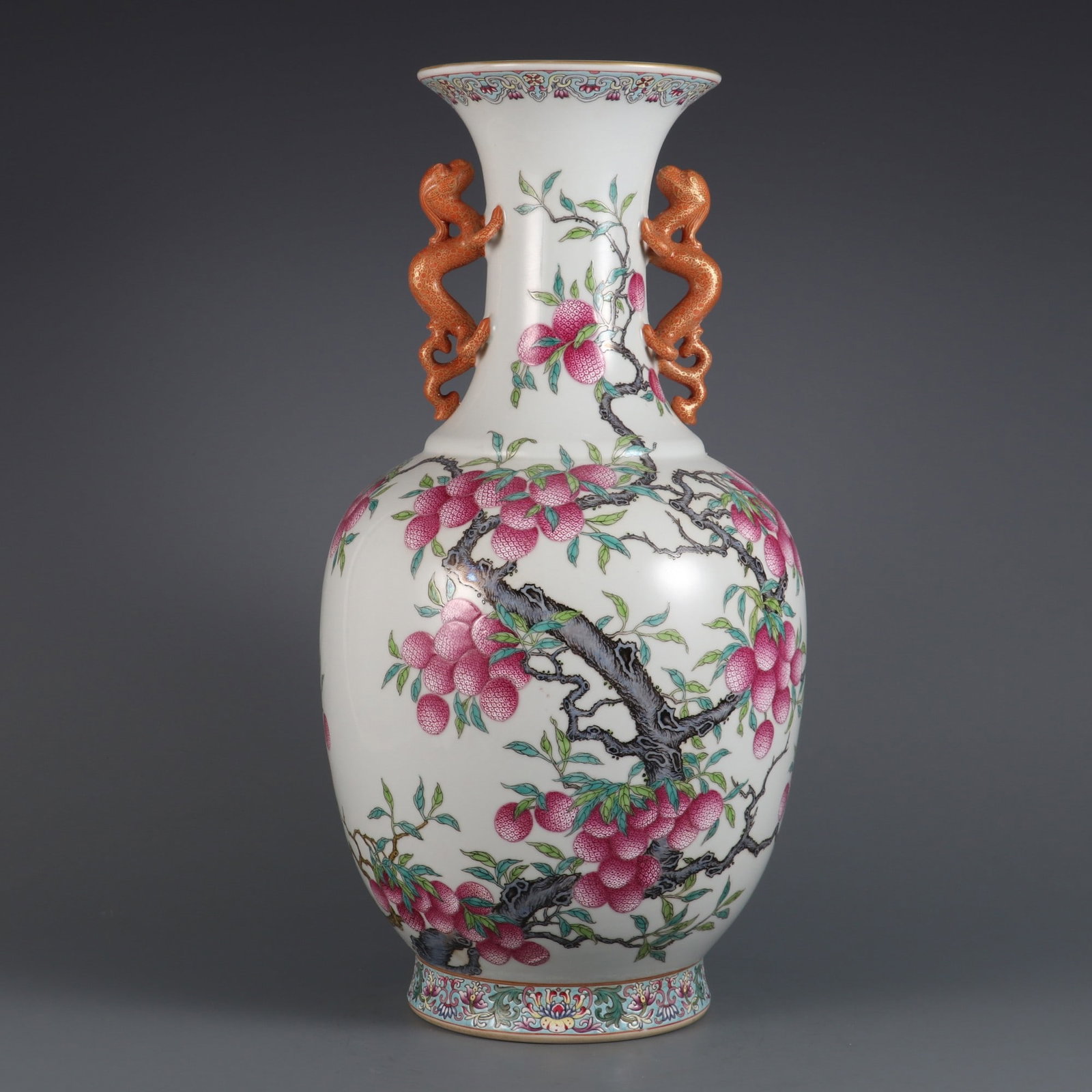 A Exquisite Famille-Rose Litchi Pattern Dragon-Ears Vase: A Exquisite Famille-Rose Litchi Pattern Dragon-Ears Vase,Qing Dynasty, China,Qianlong Six-character Mark,Size:16.5inx8.5inx5.3in