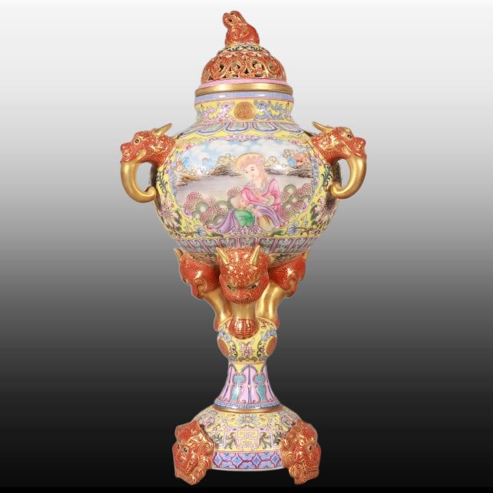 A Exquisite Enamel Yellow Ground Figures Pattern Tripod Censer: A Exquisite Enamel Yellow Ground Figures Pattern Tripod Censer,Qing Dynasty, China,Qianlong Four-character Mark,Size:12.6inx6.1in 珐琅彩黄地人物纹ߍ