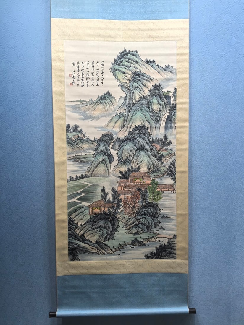 A Chinese Vertical Scroll Ink Painting of Landscape on Paper: A Chinese Vertical Scroll Ink Painting of Landscape on Paper,Modern Time of China,Zhang Daqian,without frame size:26.8inx53.1in 一幅中国水墨纸本山