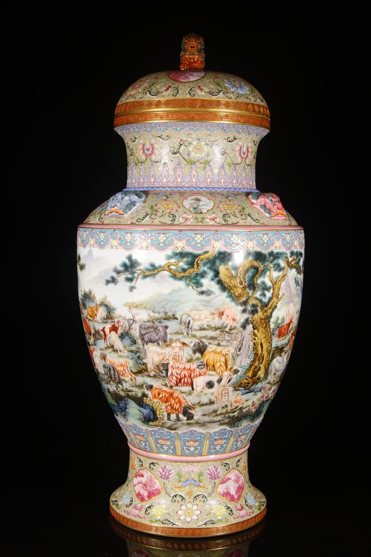 A Exquisite Enamel Sheep Pattern Vase: A Exquisite Enamel Sheep Pattern Vase,Qing Dynasty, China,Qianlong Four-character Mark,Size:38.2inx11.8inx13in 珐琅彩羊纹瓶,中国清代,乾