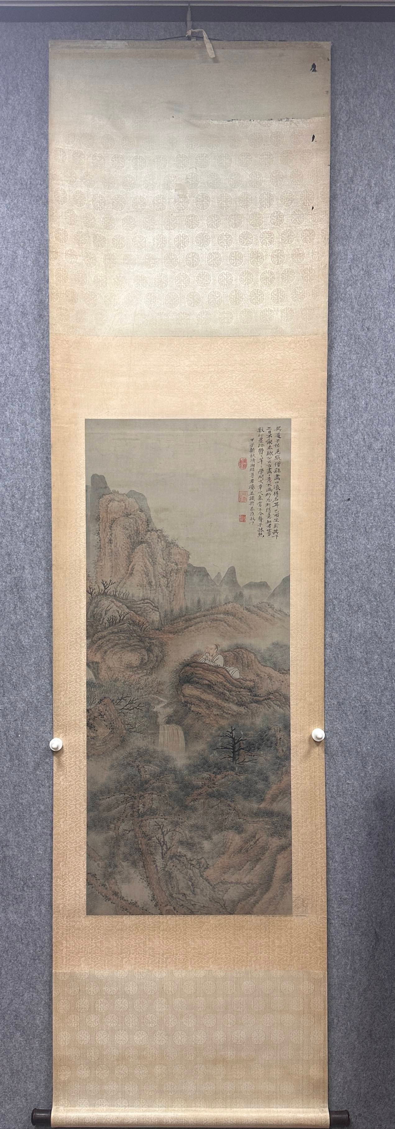 A Chinese Vertical Scroll Ink Painting of Landscape on Silk: A Chinese Vertical Scroll Ink Painting of Landscape on Silk,Qing Dynasty, China,Shi Tao,without frame size:18.1inx2inx44.5in