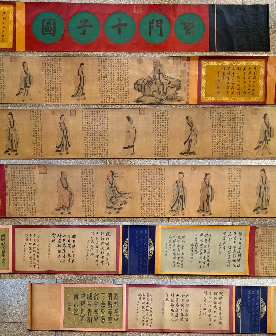 A Chinese Hand Scroll Ink Painting of Figures on Silk: A Chinese Hand Scroll Ink Painting of Figures on Silk,Yuan Time of China,Wang Zhenpeng,withoutframesize:275.6inx18.9in 一幅中国水墨绢本人物&
