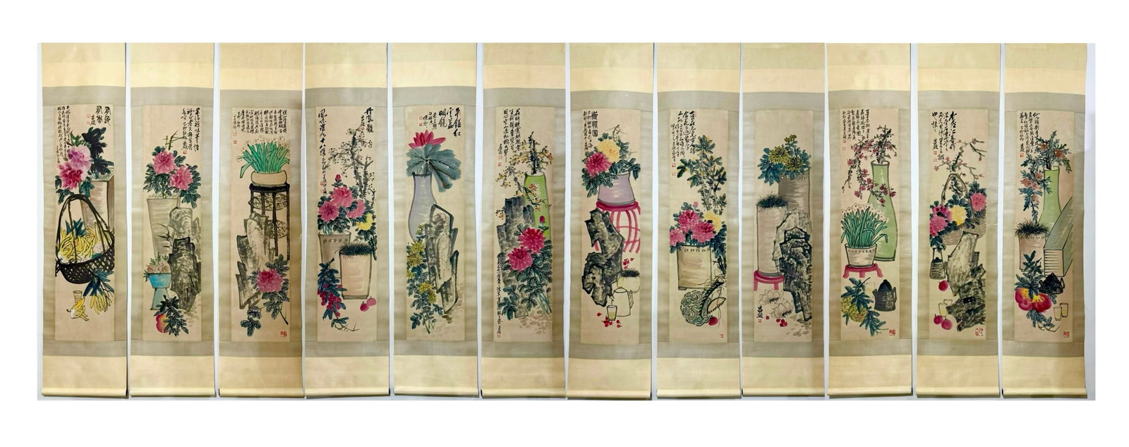 A Set of Chinese Vertical Scroll Ink Paintings of Flowers on Paper: A Set of Chinese Vertical Scroll Ink Paintings of Flowers on Paper,Qing Time of China,Wu Changshuo,withoutframesize:53.9inx13.8in 一套中国水墨纸本഑