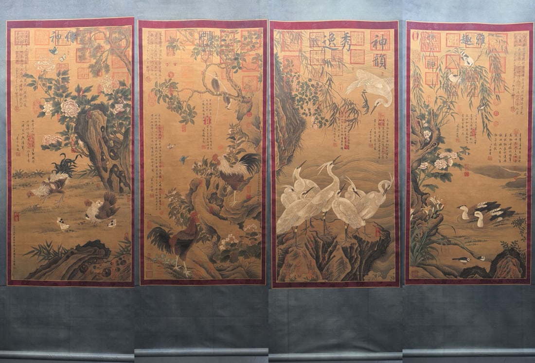 A Set of Chinese Vertical Scroll Ink Paintings of Flowers and Birds on Silk: A Set of Chinese Vertical Scroll Ink Paintings of Flowers and Birds on Silk,Jin Dynasty, China,Gu Kaizhi,without frame size:25inx53.3in 一套中国水墨绢本