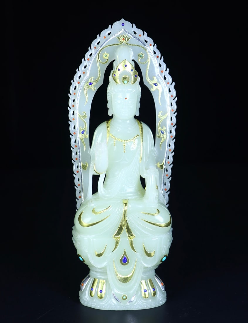 A Exquisite Hotan Jade Gold-Mounted Buddha Statue Ornament: A Exquisite Hotan Jade Gold-Mounted Buddha Statue Ornament,Qing Dynasty, China,With Mark,Size:8.5inx3.1inx1.8in,Weight:779g 和田玉包金佛像摆件,