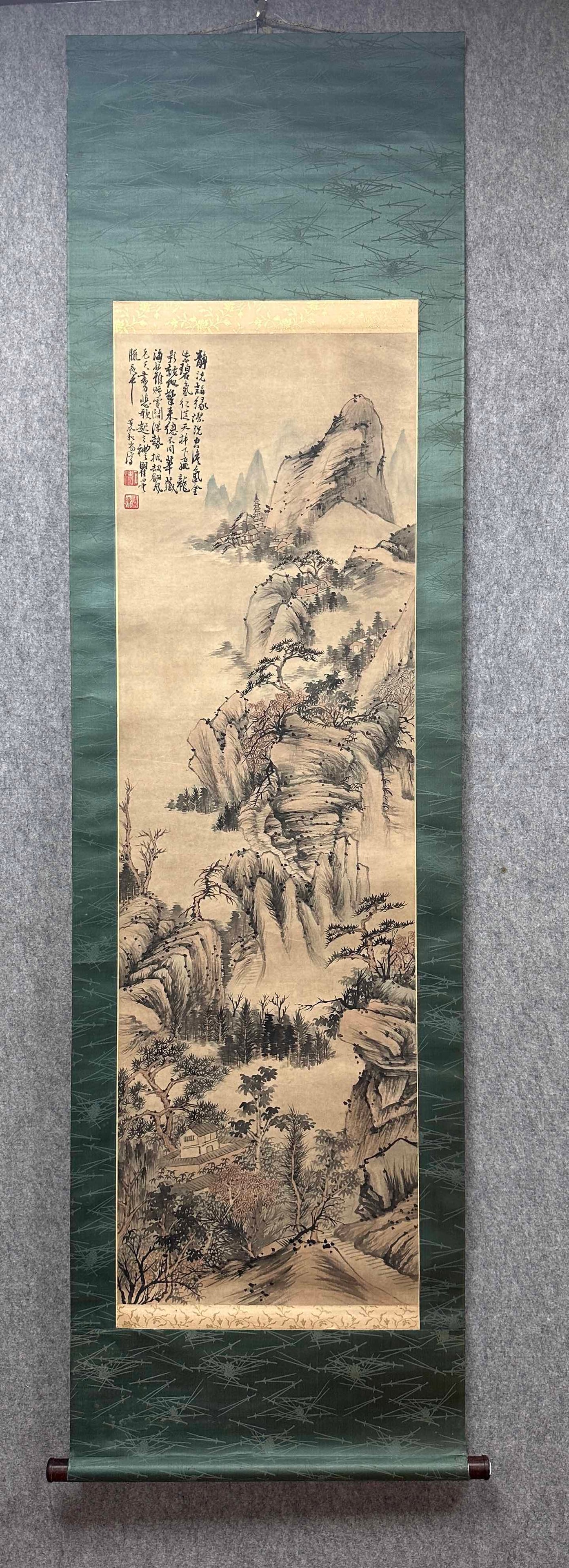 A Chinese Vertical Scroll Ink Painting of Landscape on Paper: A Chinese Vertical Scroll Ink Painting of Landscape on Paper,Qing Dynasty, China,Shi Tao,without frame size:16.1inx52in 一幅中国水墨纸本山水