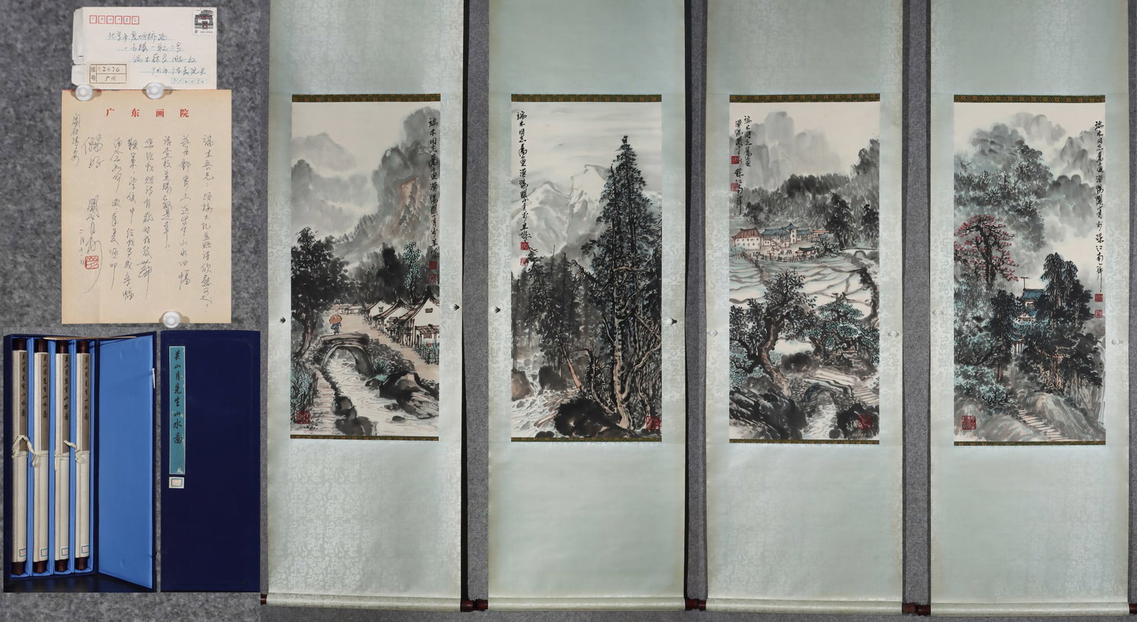 A Set of Chinese Vertical Scroll Ink Painting of Landscape on Paper: A Set of Chinese Vertical Scroll Ink Painting of Landscape on Paper,Modern Time of China,Guan Shanyue,without frame size:39.4inx17.7in