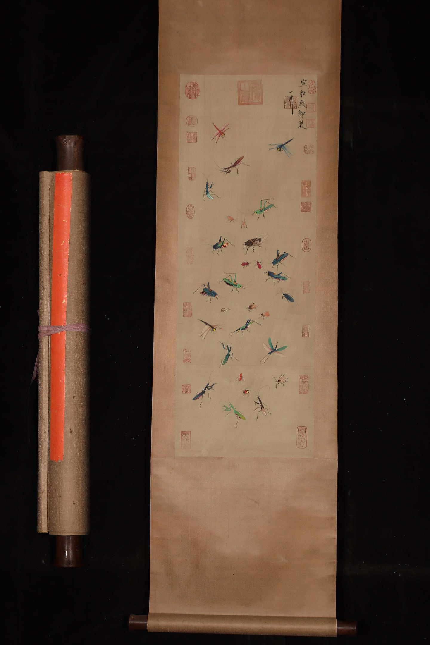 A Chinese Vertical Scroll Ink Painting of Grass and Insects on Silk: A Chinese Vertical Scroll Ink Painting of Grass and Insects on Silk,Song Dynasty, China,Emperor Huizong of Song,without frame size:34.6inx12.6in