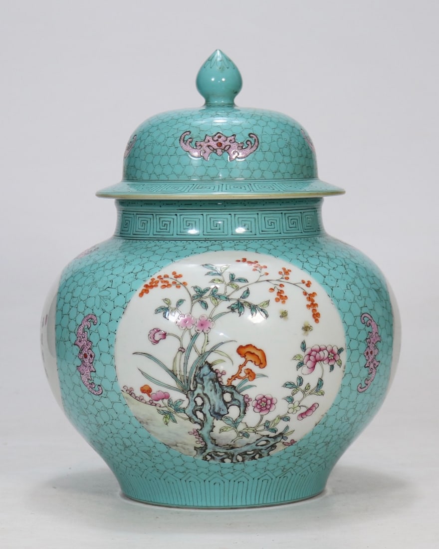 A Exquisite Turquoise Glazed Ground Flower Pattern Jar: A Exquisite Turquoise Glazed Ground Flower Pattern Jar,Qing Dynasty, China,Qianlong Six-character Mark,Size:10.2inx8.7inx4.7in