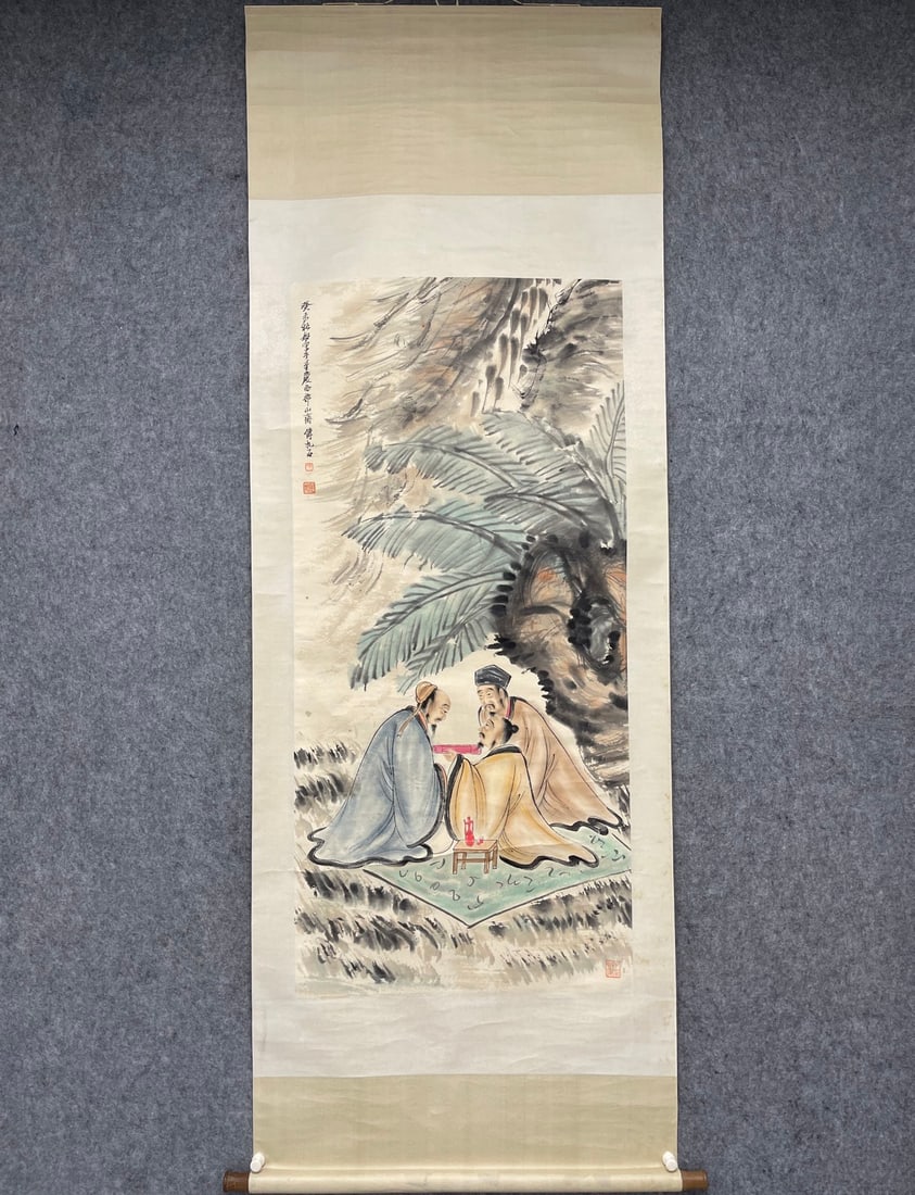 A Chinese Vertical Scroll Ink Painting of Figures on Paper: A Chinese Vertical Scroll Ink Painting of Figures on Paper,Modern Time of China,Fu Baoshi,without frame size:25.6inx55.1in