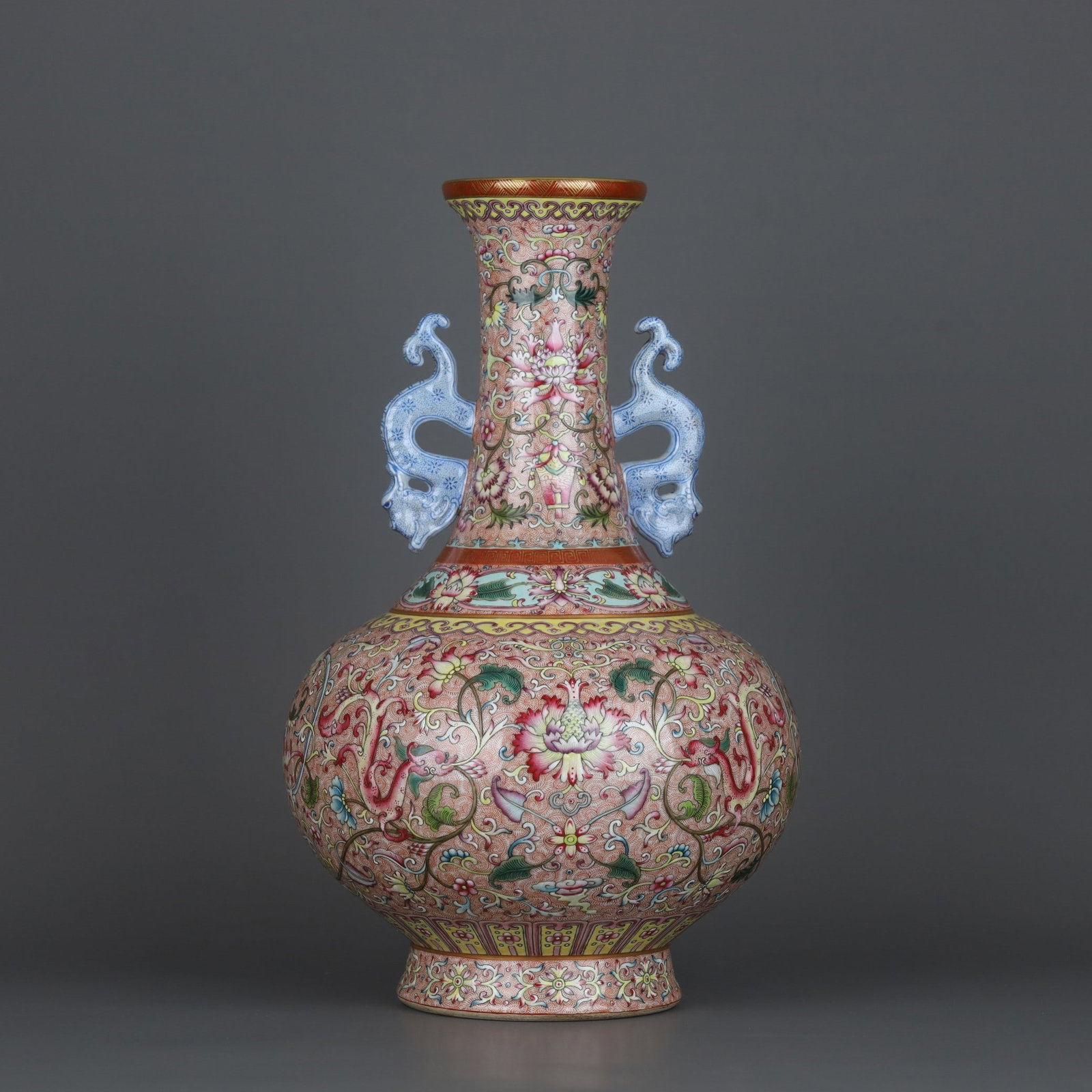 A Exquisite Enamel Lotus Pattern Double Ears Vase: A Exquisite Enamel Lotus Pattern Double Ears Vase,Qing Dynasty, China,Qianlong Four-character Mark,Size:13inx8.3in