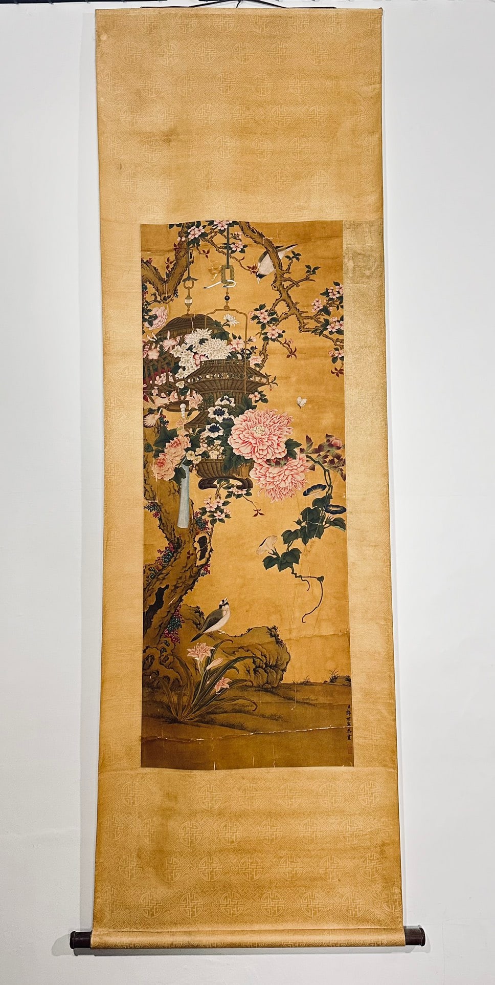 A Chinese Vertical Scroll Ink Painting of Flowers and Birds on Silk: A Chinese Vertical Scroll Ink Painting of Flowers and Birds on Silk,Qing Dynasty, China,Giuseppe Castiglione,without frame size:47.2inx18.1in