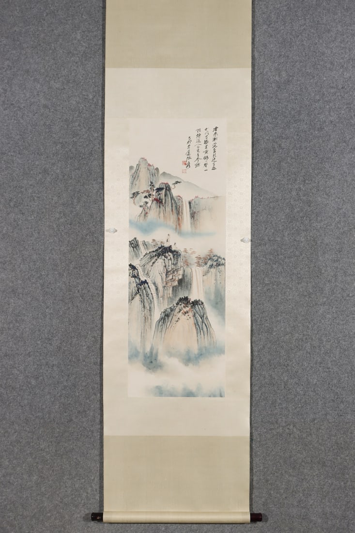 A Chinese Vertical Scroll Ink Painting of Landscape on Paper: A Chinese Vertical Scroll Ink Painting of Landscape on Paper,Modern Time of China,Zhang Daqian,without frame size:38.6inx13.4in 一幅中国水墨纸本山