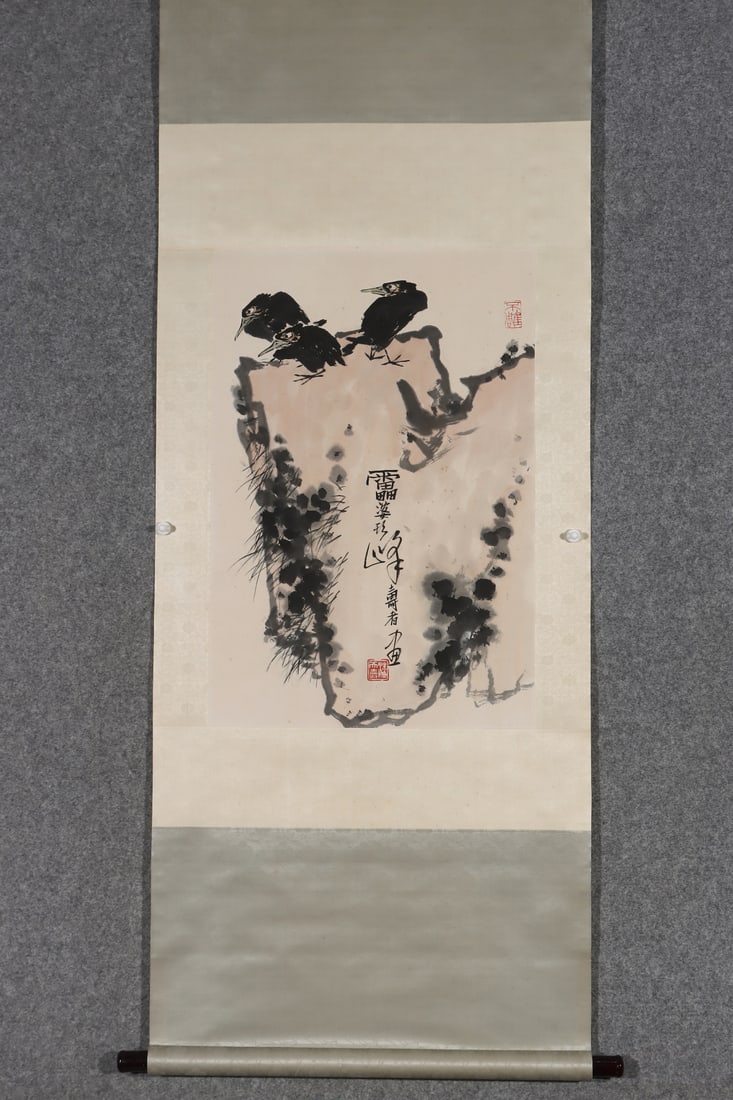 A Chinese Vertical Scroll Ink Painting of Flower and Bird on Paper: A Chinese Vertical Scroll Ink Painting of Flower and Bird on Paper,Modern Time of China,Pan Tianshou,without frame size:26.4inx17.7in 一幅中国水墨纸本&#
