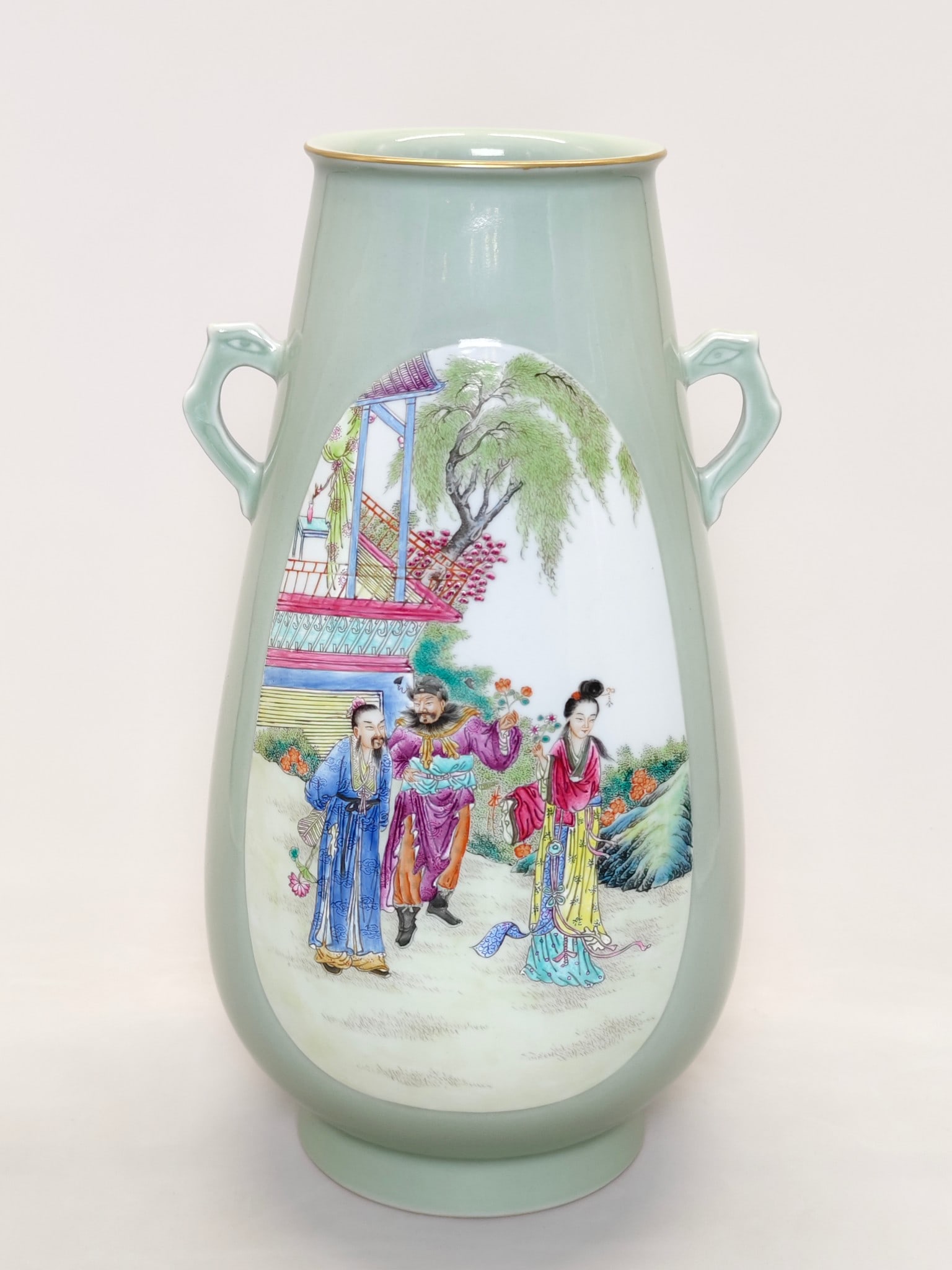A Exquisite Pea-Green Glaze Figures Pattern Double-Ears Vase: A Exquisite Pea-Green Glaze Figures Pattern Double-Ears Vase,Qing Dynasty, China,Qianlong Six-character Mark,Size:15.6inx8.7in