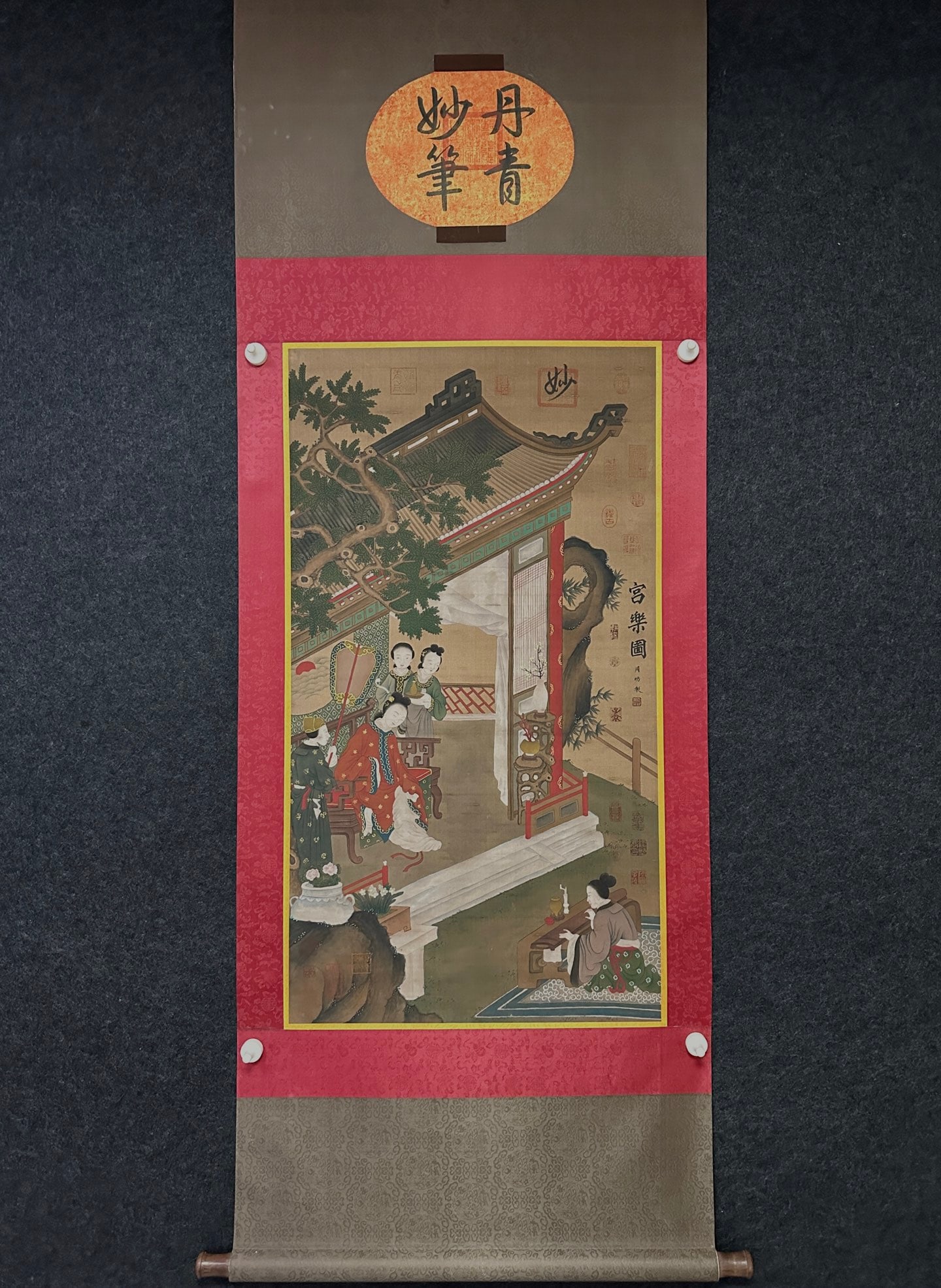 A Chinese Vertical Scroll Ink Painting of Figures on Silk: A Chinese Vertical Scroll Ink Painting of Figures on Silk,Tang Dynasty, China,Zhou Fang,without frame size:37.8inx20.5in