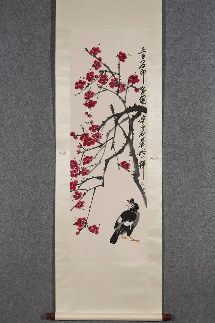 A Chinese Vertical Scroll Ink Painting of Flower and Bird on Paper: A Chinese Vertical Scroll Ink Painting of Flower and Bird on Paper,Modern Time of China,Qi Baishi,without frame size:48inx15.7in