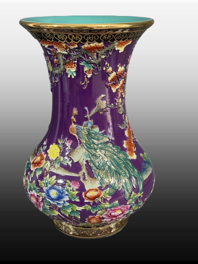 A Exquisite Purple Ground Painted Gold Flower and Bird Pattern Vase: A Exquisite Purple Ground Painted Gold Flower and Bird Pattern Vase,Qing Dynasty, China,Qianlong Six-character Mark,Size:11inx7.9in